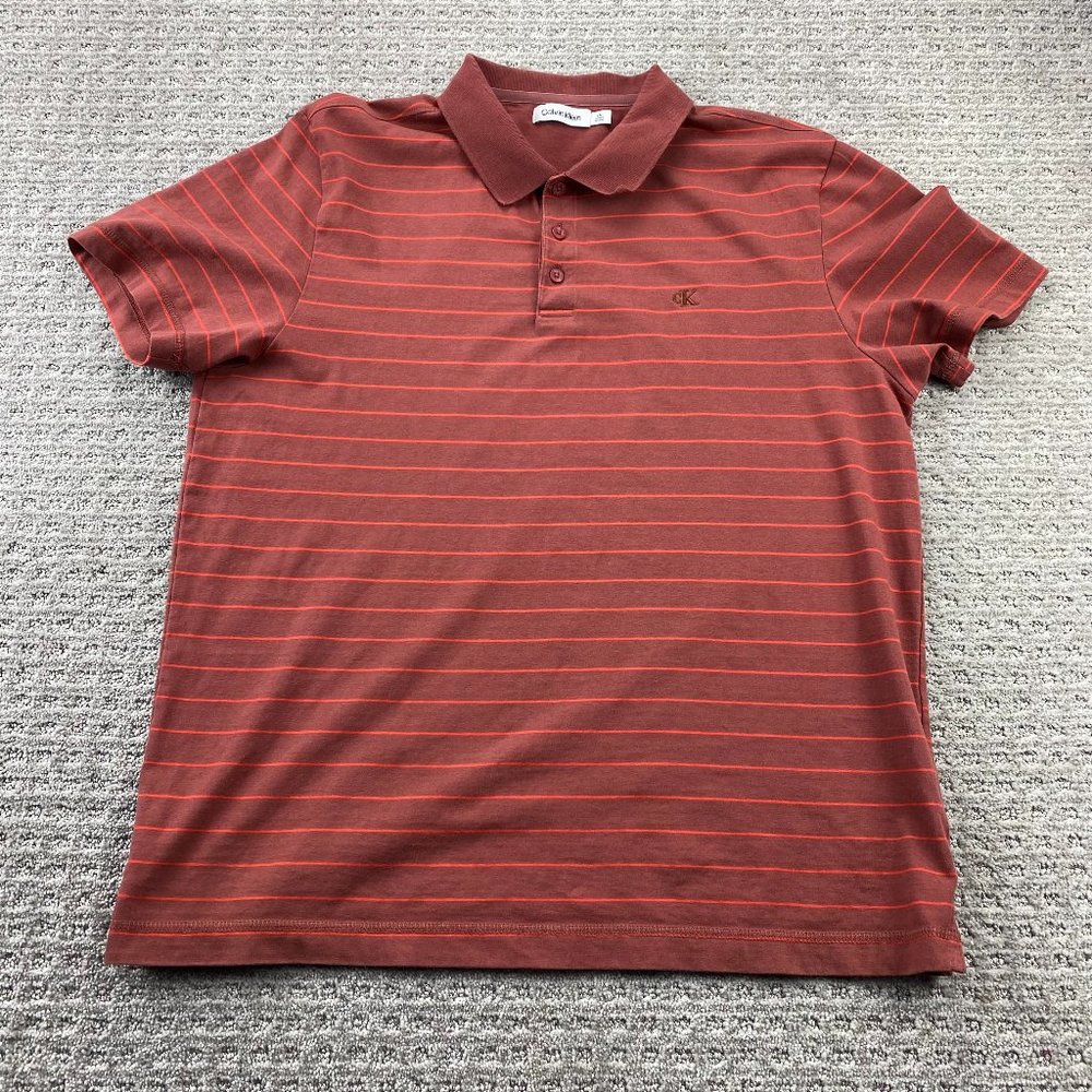 Calvin Klein Polo Shirt Men Large L Brown Orange Striped Casual Golf Embroidered
